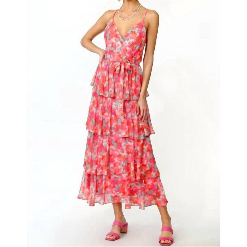 Adelyn Rae Ruffle Floral V-Neck Spaghetti Strap Open Back Tiered Midi Dress S